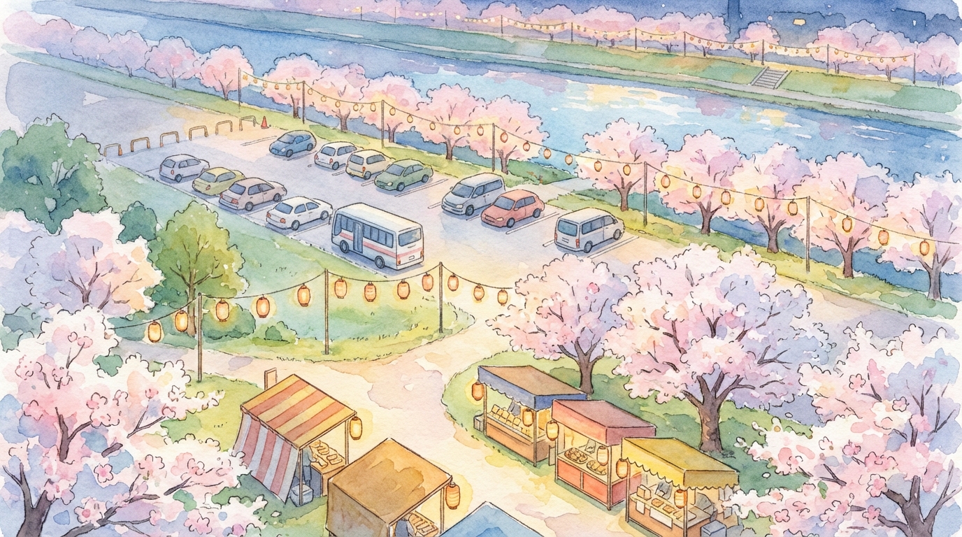 水源桜まつり2026の屋台は公園内に出店、駐車場は臨時駐車場が便利です!